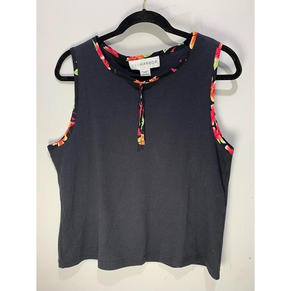 Sag Harbor Women's Floral Trim Black Sleeveless Top Size L